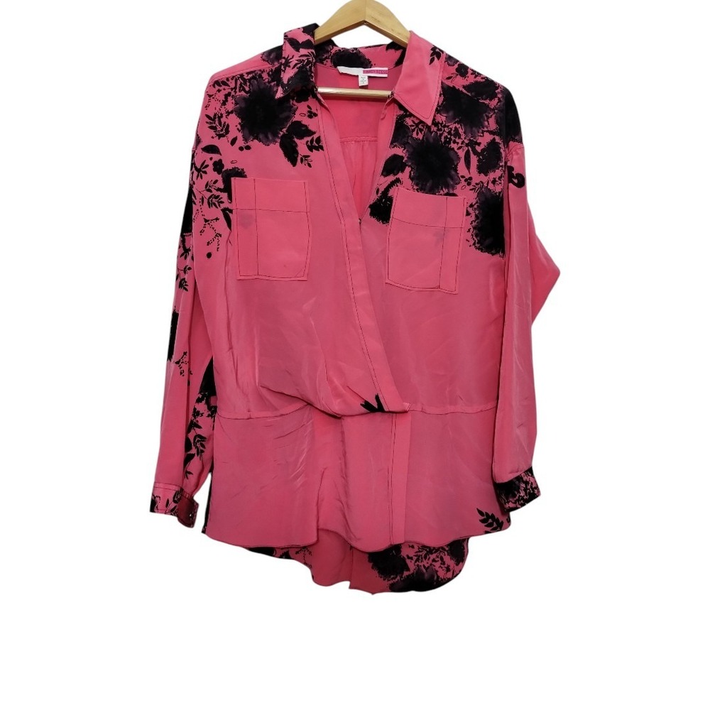 Tracy Reese Womens S Blouse Silk Wrap Collar Long Roll Tab Sleeve Floral Pockets